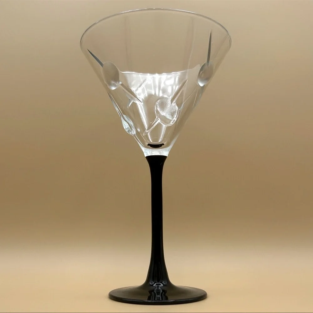 Vintage Barware Retro Raised Olive Martini Glass Set Clear Glass Black Stem